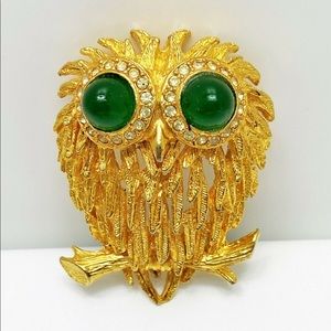 Vintage 60’s-70’s Gold OWL Green Eyes Brooch Pin